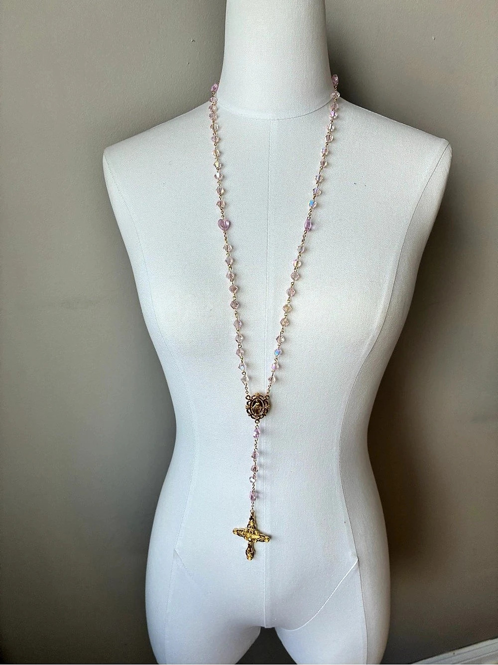 Gold & Pink heart Beaded rosary Cross Pendant Necklace